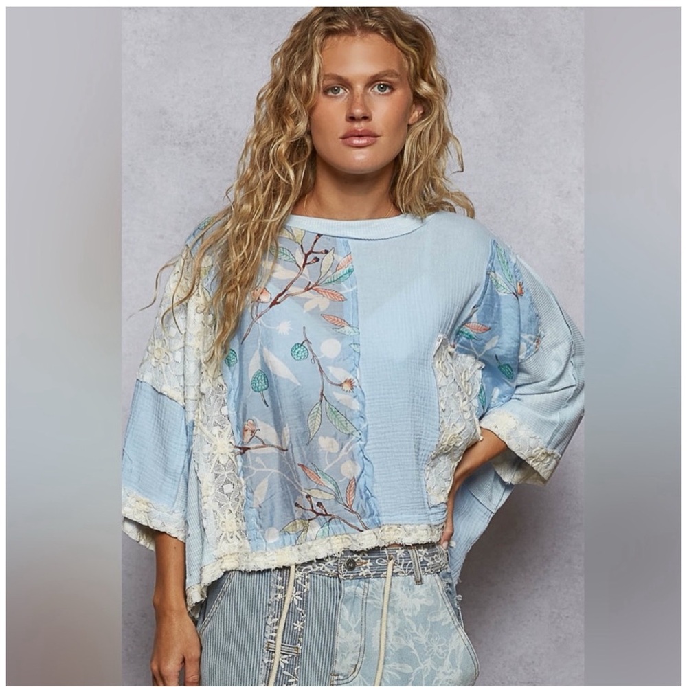 61. NWOT POL Light Blue Floral and Lace Patchwork Oversized Boxy Fit Blouse